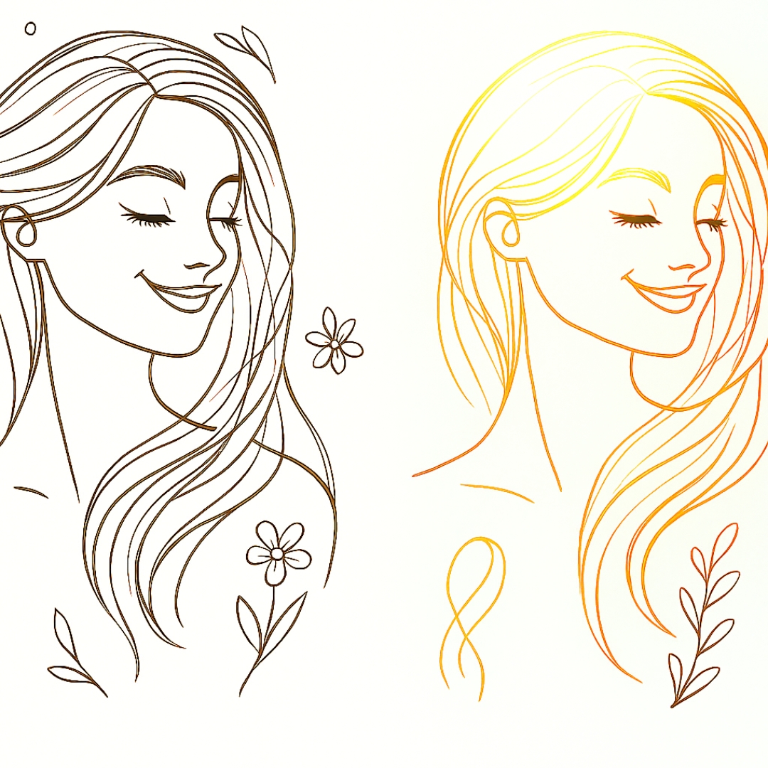 Illustration stylisée de deux femmes semblables représentant le profil transgénérationnel de la Remplaçante d’Ombre, avec des symboles floraux et un motif en boucle