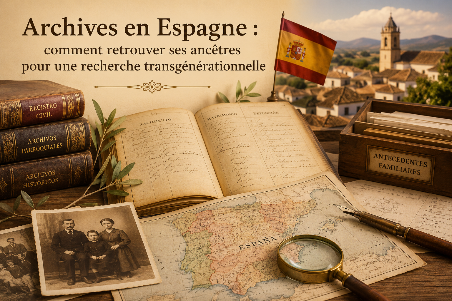 Archives anciennes, carte de l’Espagne, photos de famille et drapeau espagnol pour retrouver ses ancêtres espagnols en recherche transgénérationnelle