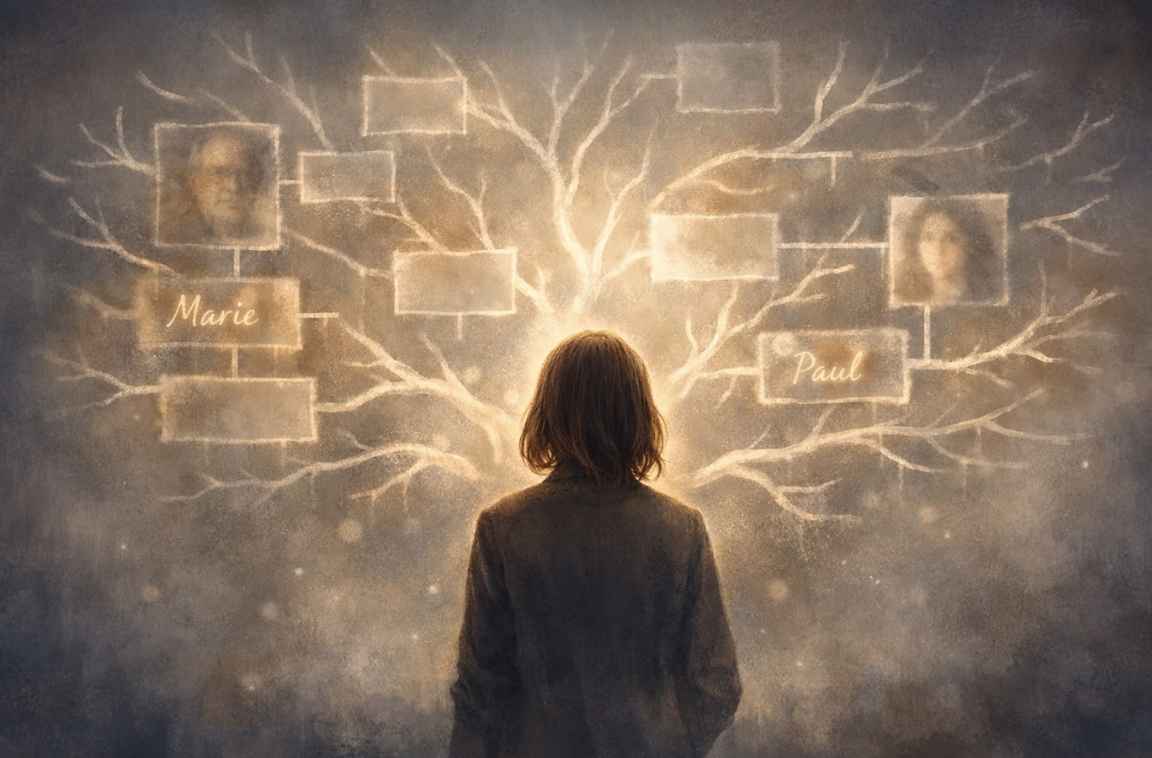 Femme de dos observant un arbre généalogique lumineux avec des visages flous et des prénoms, évoquant les secrets de famille et les transmissions invisibles.