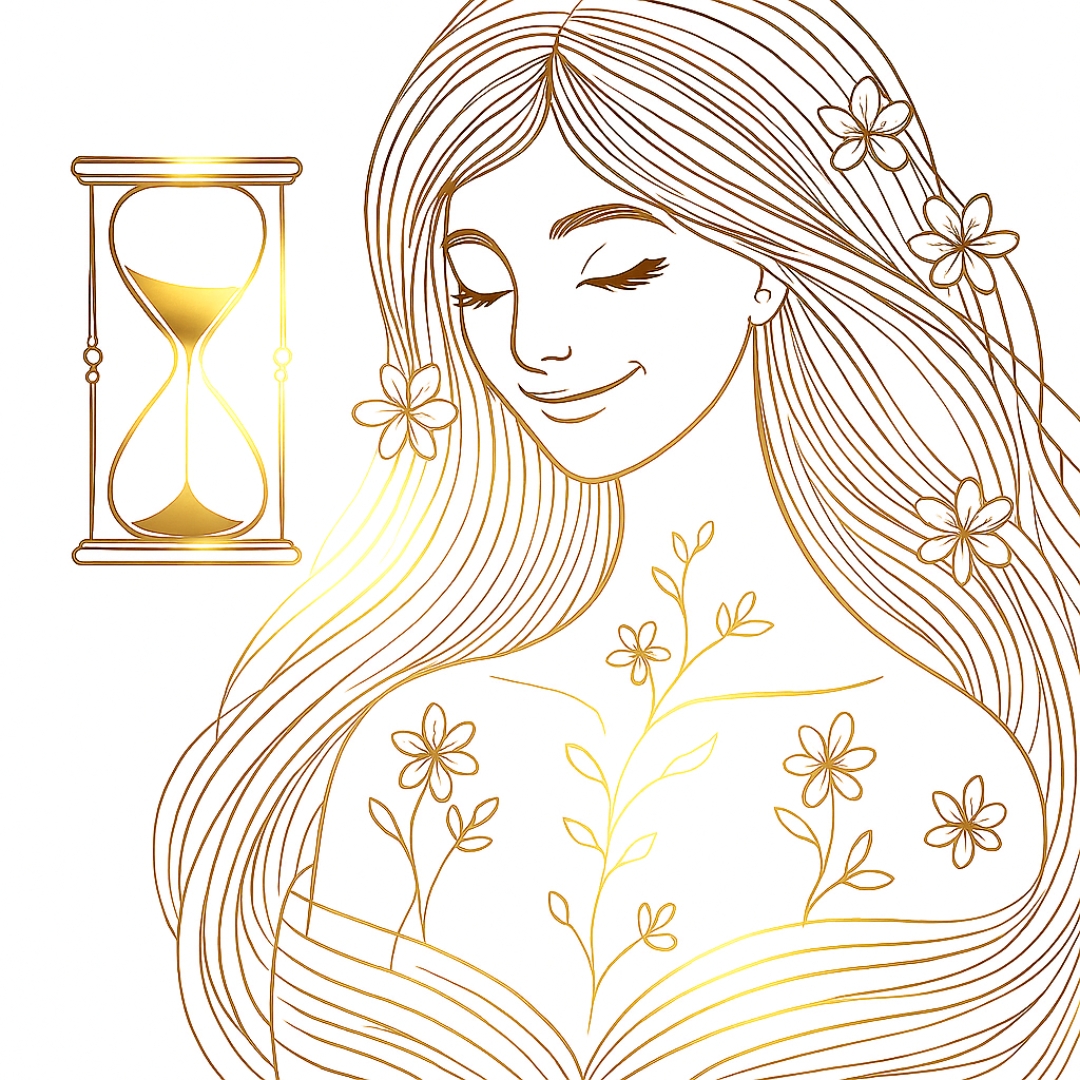 Illustration d'une femme sereine entourée de fleurs avec un sablier doré, représentant le profil transgénérationnel de la Réparatrice du Temps