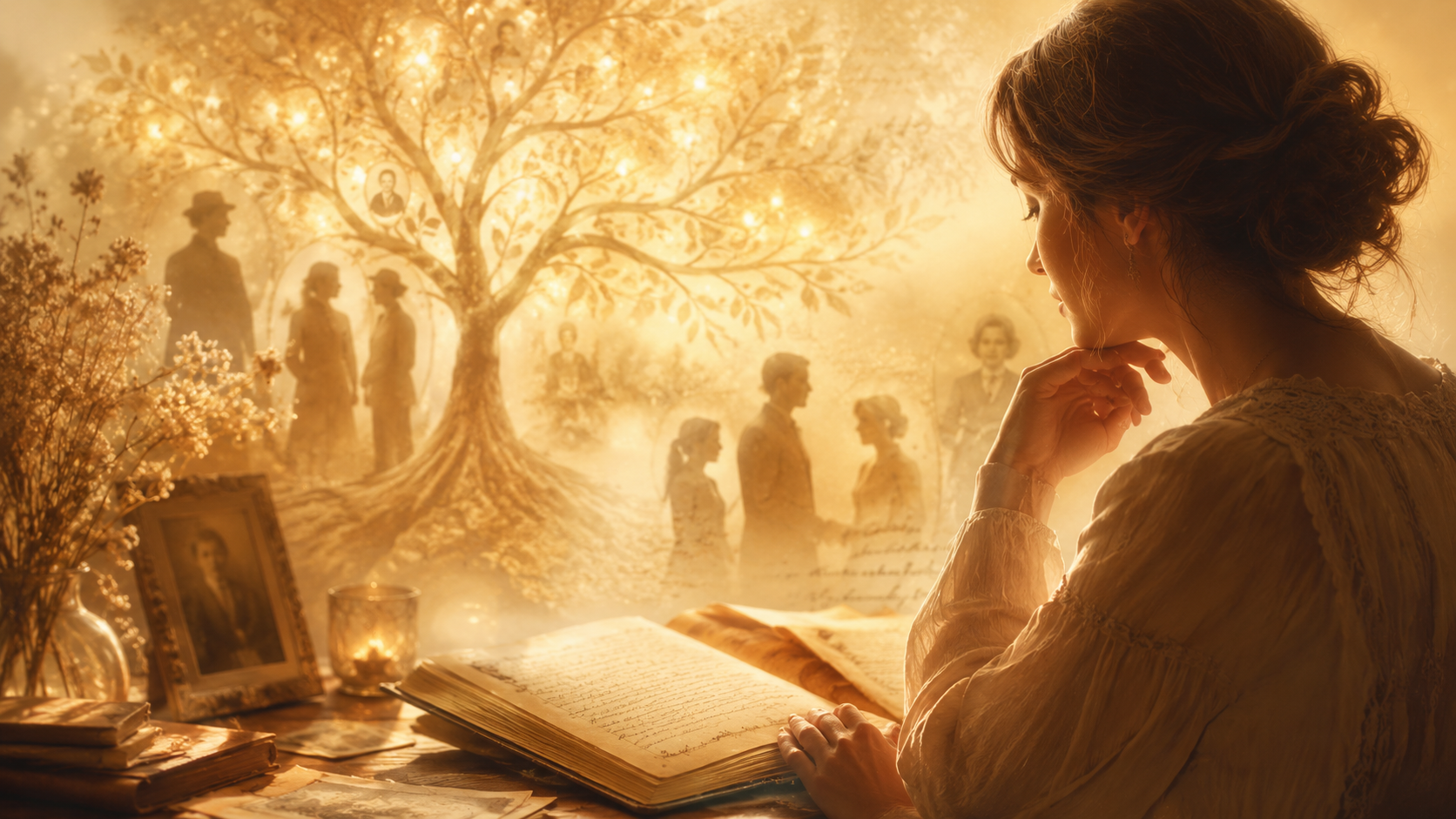 femme observant un livre ancien et un arbre familial lumineux pour explorer la symbolique des prénoms en transgénérationnel