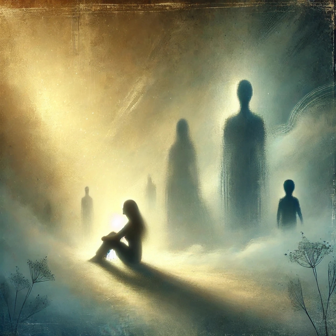 Illustration symbolique d’une femme seule entourée de lumière, représentant la blessure de rejet transgénérationnelle et l’isolement hérité