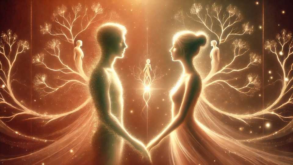 deux silhouettes lumineuses se faisant face, reliées par la lumière, avec des arbres symbolisant la lignée transgénérationnelle