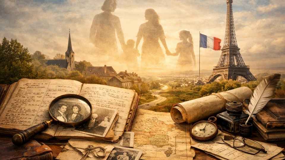 Recherche d’archives familiales en france avec documents anciens, photos et arbre généalogique pour explorer sa lignée transgénérationnelle