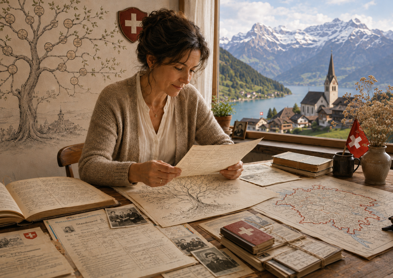 Femme consultant des archives familiales suisses devant un paysage alpin pour retrouver ses ancêtres et explorer sa lignée en transgénérationnel