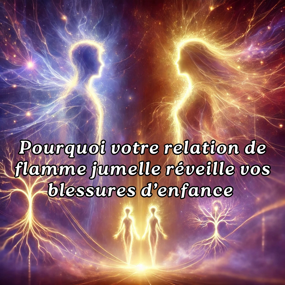 Deux silhouettes lumineuses connectées par un fil doré, représentant la relation de flammes jumelles et l'éveil des blessures transgénérationnelles