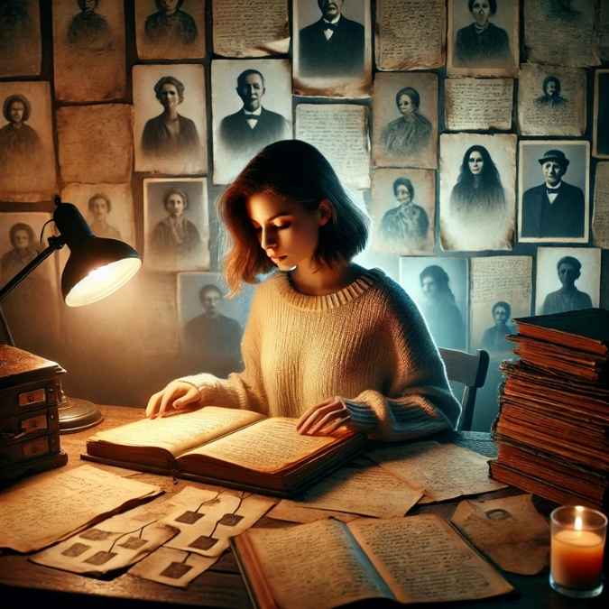 Jeune femme explorant les mémoires transgénérationnelles à travers des archives familiales, lampe allumée et visages d’ancêtres en arrière-plan