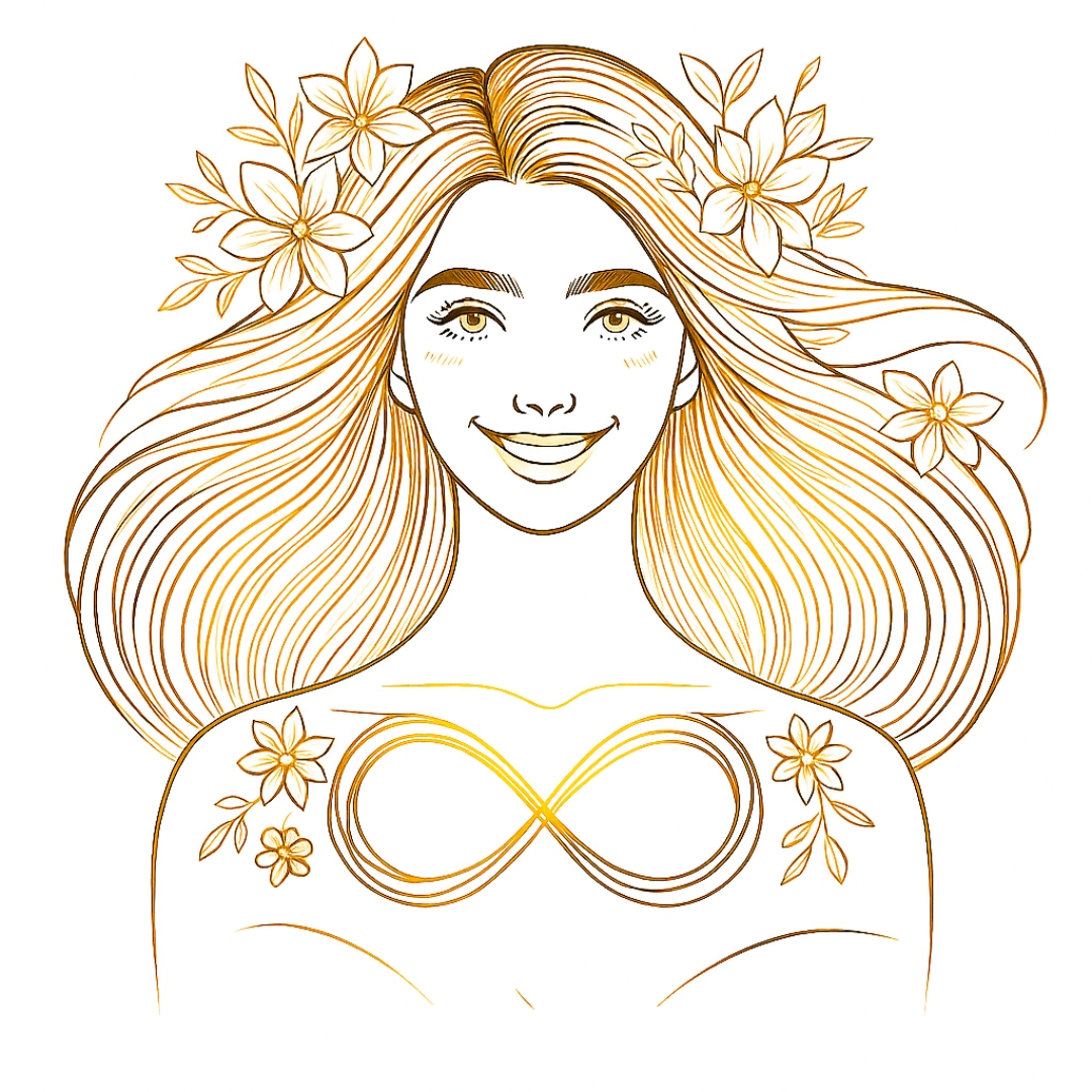 Illustration symbolique d'une femme souriante avec le symbole de l'infini sur la poitrine, représentant le profil transgénérationnel de la Rejoueuse d’Histoire