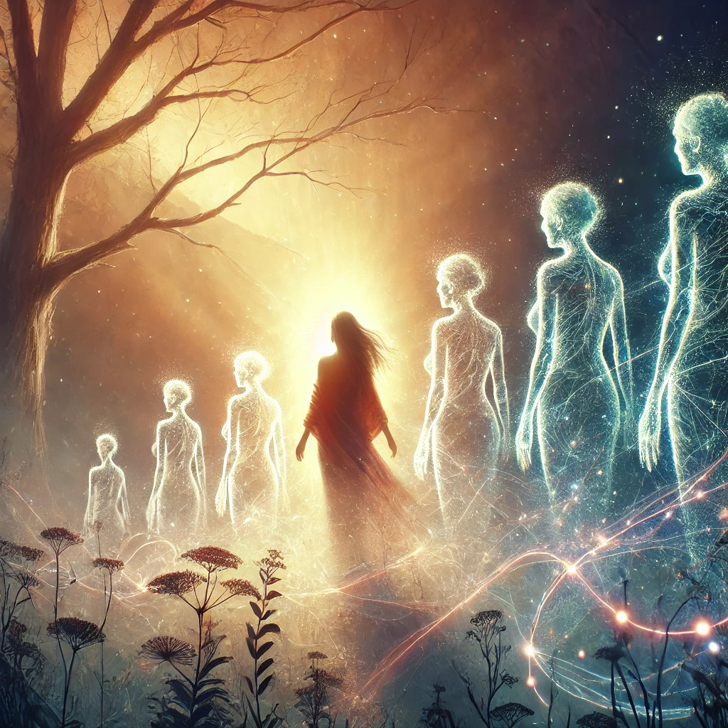 Illustration symbolique d'une femme se libérant d'une blessure transgénérationnelle, entourée de figures ancestrales et de fils lumineux qui se dissolvent, dans un paysage naturel serein.