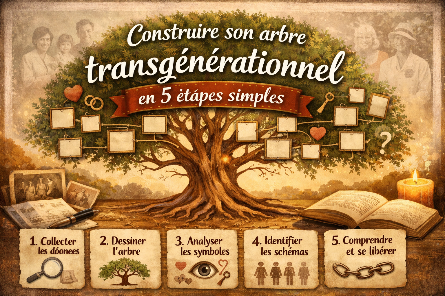 Illustration des 5 étapes pour construire un arbre transgénérationnel : collecte des données, dessin de l’arbre, analyse des symboles, identification des schémas, libération