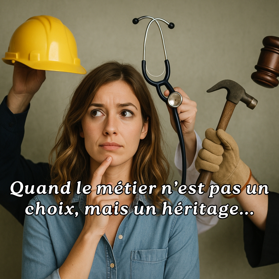 Femme hésitante face à plusieurs choix de métiers, symbolisant l'influence transgénérationnelle sur le parcours professionnel