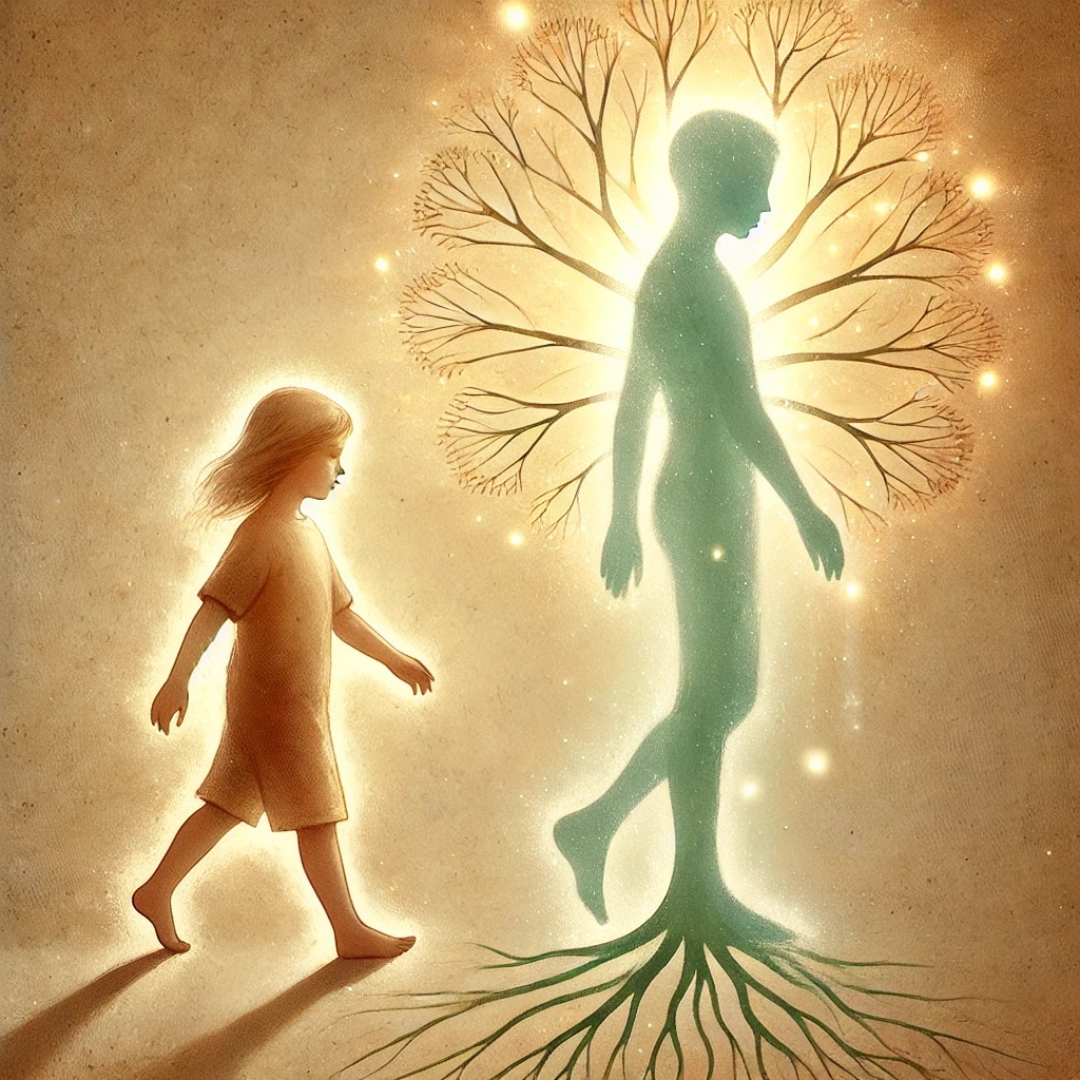 Illustration symbolique d’un enfant de remplacement marchant aux côtés d’une silhouette floue d’un frère ou d’une sœur disparu, intégré dans un arbre généalogique lumineux