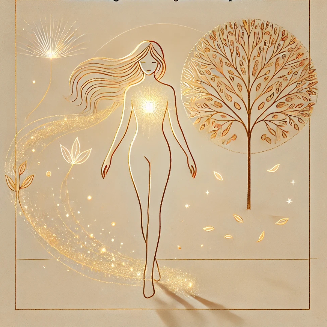 Illustration poétique d'une femme rayonnante avançant avec douceur, détachée de ses racines familiales, symbole de libération transgénérationnelle du silence