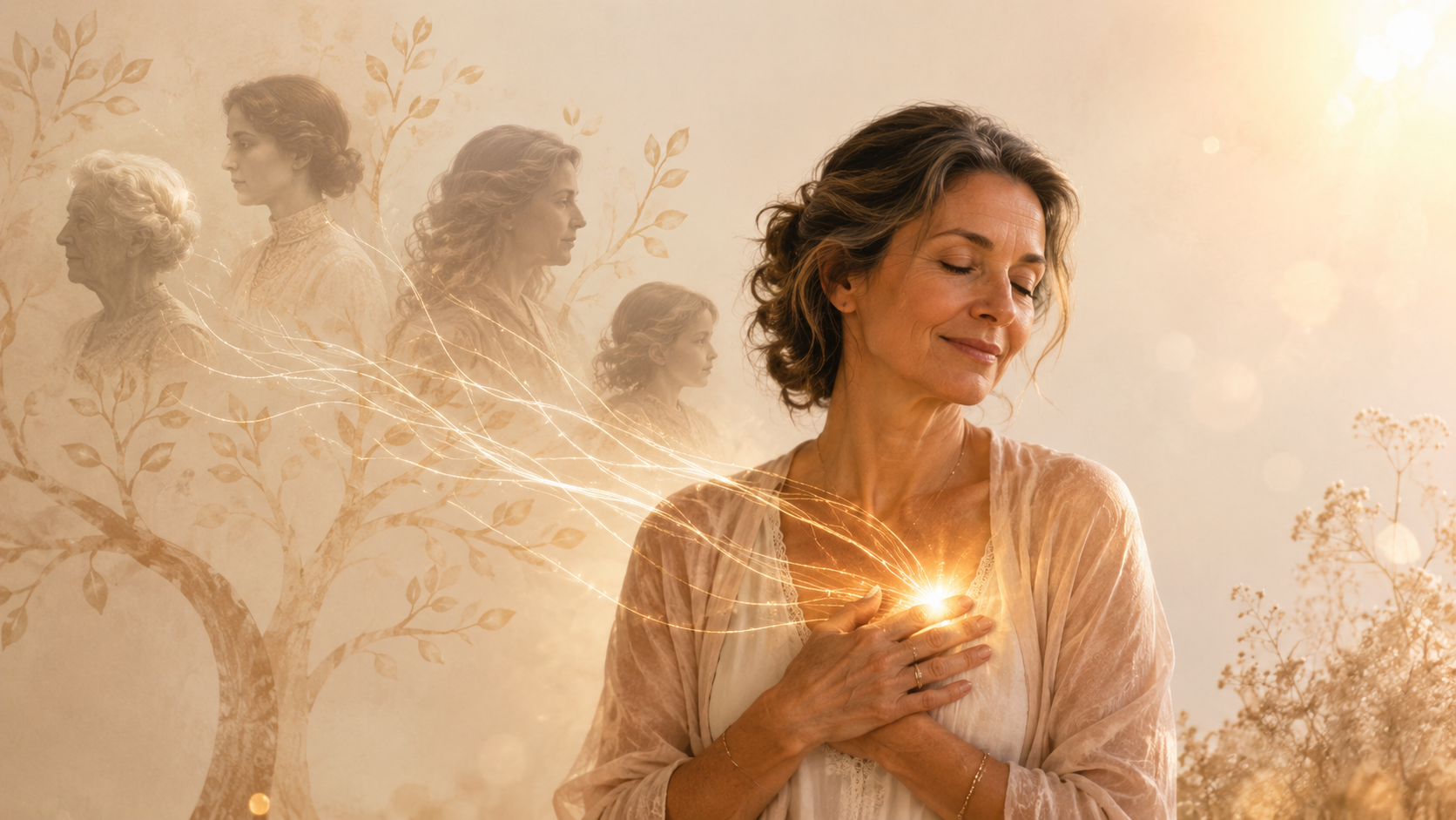 Femme reliée à sa lignée familiale par une lumière symbolique pour illustrer la dépendance affective en transgénérationnel