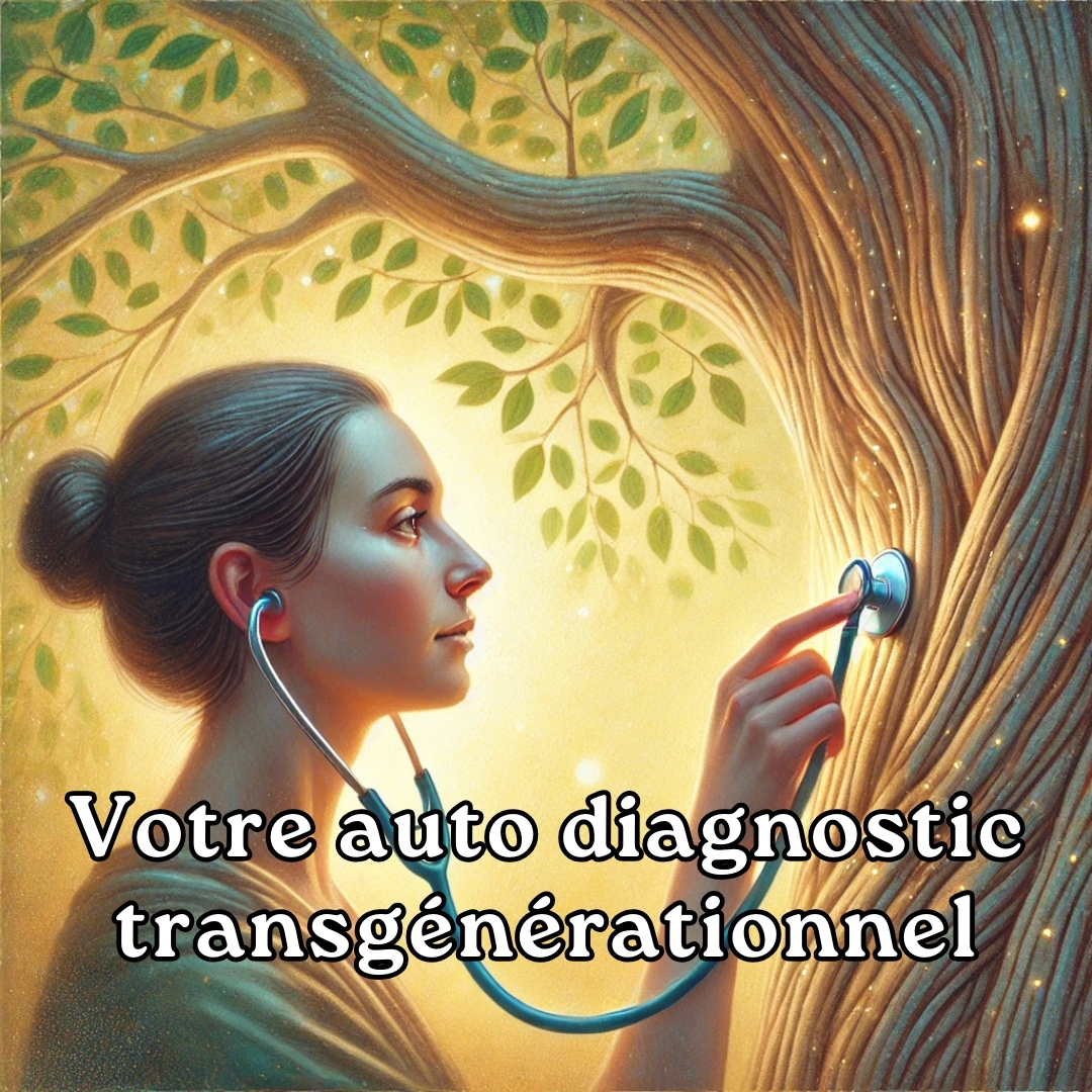 Femme écoutant symboliquement un arbre avec un stéthoscope, représentant l'exploration transgénérationnelle et la mémoire de la lignée