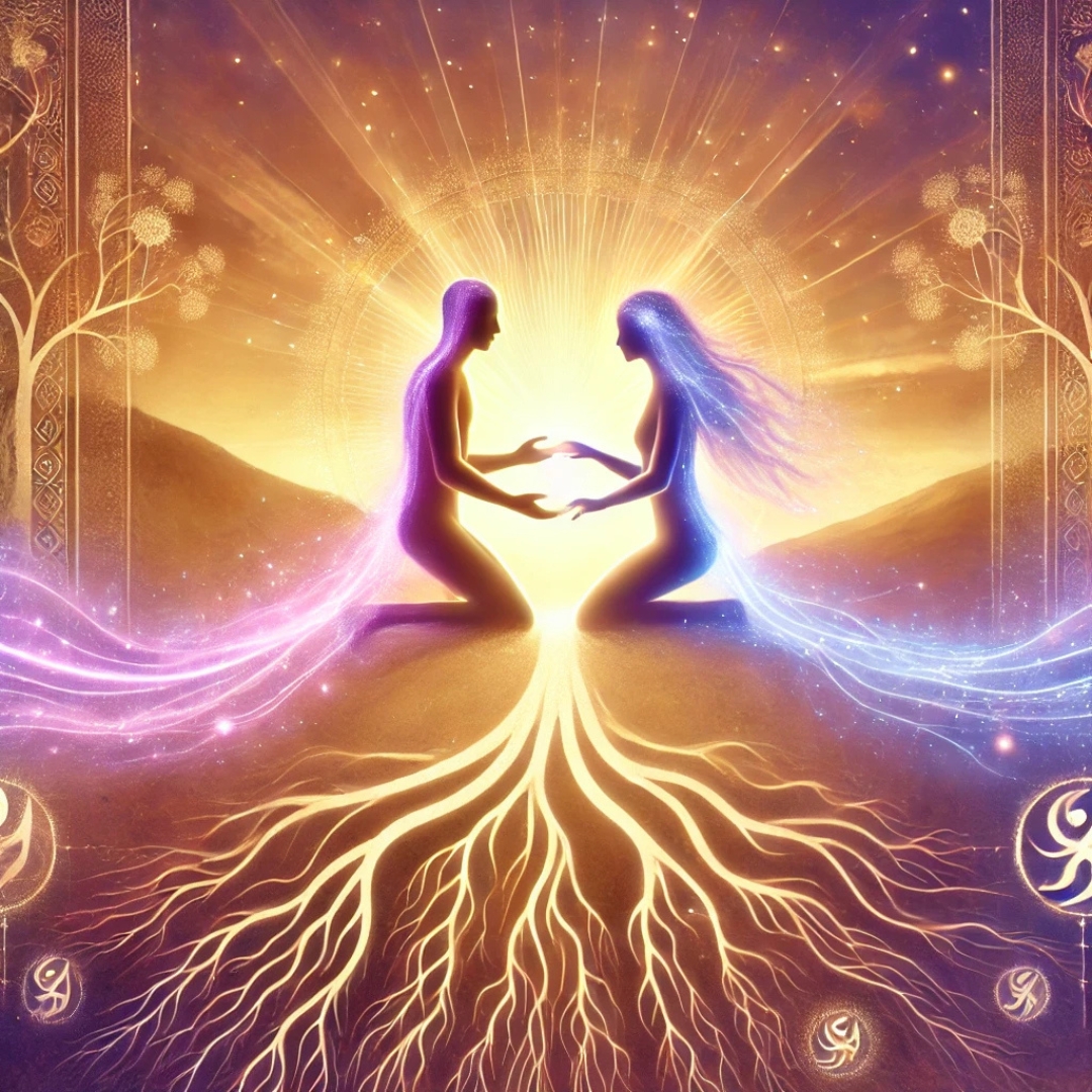 Deux silhouettes lumineuses se rejoignent dans une ambiance douce et spirituelle, avec des racines et symboles familiaux en arrière-plan, évoquant la transmission transgénérationnelle dans les relations de flammes jumelles