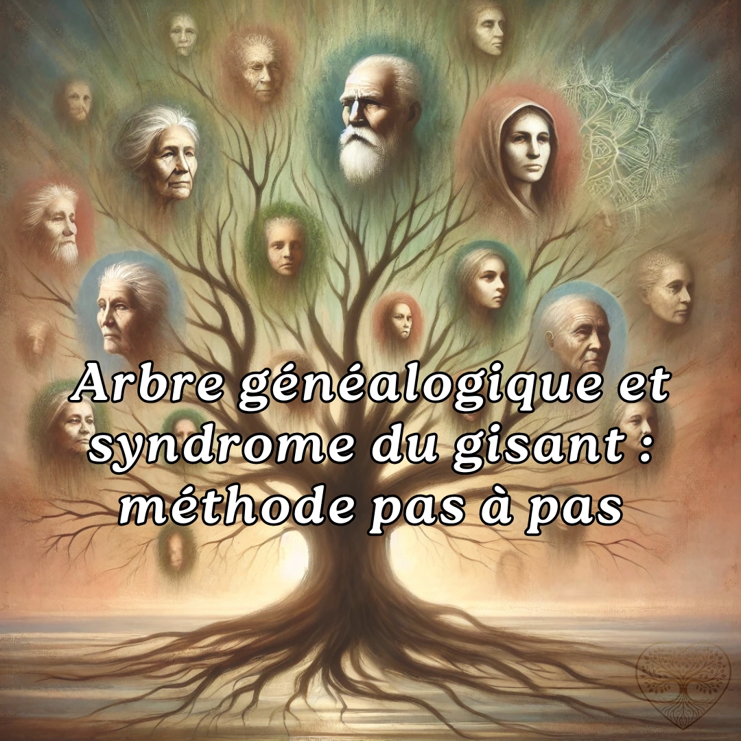 Arbre généalogique symbolique avec visages d’ancêtres intégrés dans les branches, illustrant le syndrome du gisant et les mémoires transgénérationnelles