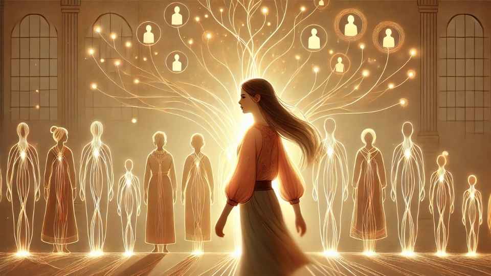 femme debout entourée de silhouettes lumineuses représentant ses ancêtres, reliée à un arbre généalogique symbolique fait de lumière – illustration du transgénérationnel