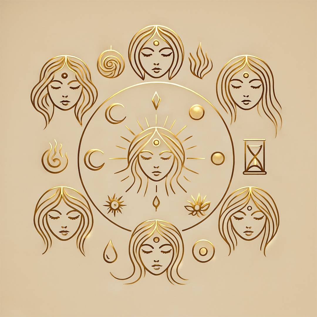 Illustration symbolique de 7 profils transgénérationnels féminins représentés par des visages stylisés et des symboles en or sur fond beige