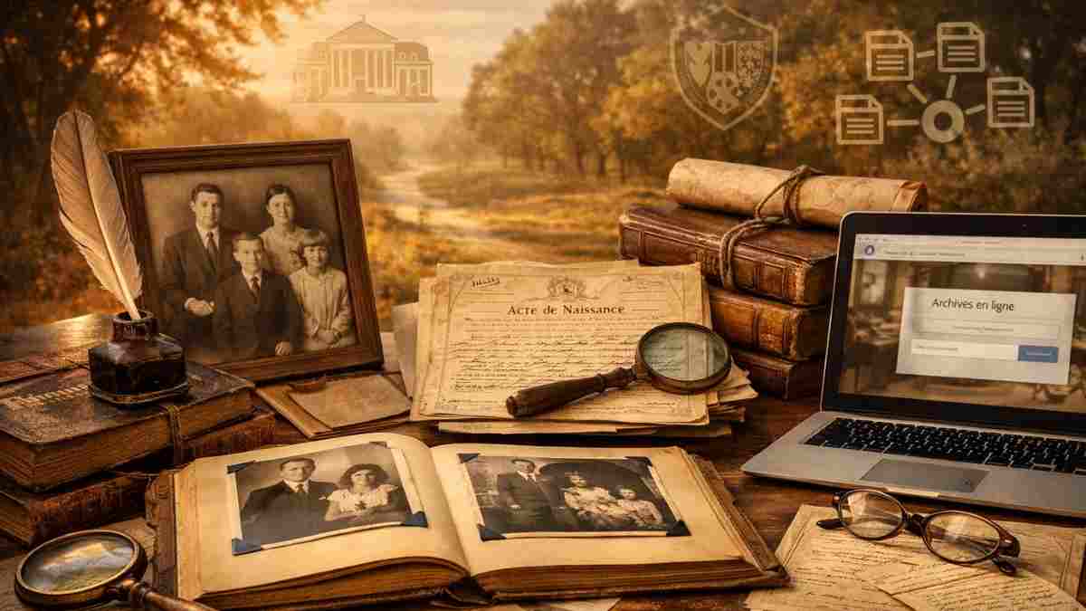 Recherche transgénérationnelle à partir d’archives familiales, avec documents anciens, photos de famille et consultation d’archives en ligne pour explorer sa lignée