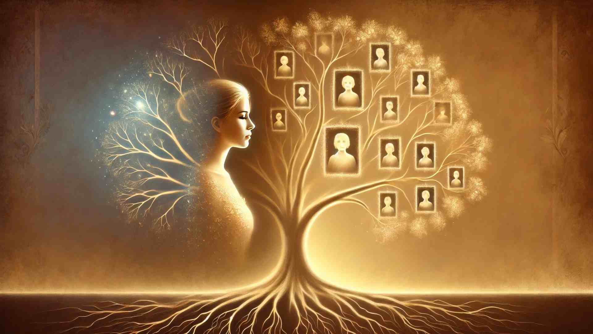 Femme méditative devant un arbre généalogique lumineux symbolisant la transmission transgénérationnelle et la libération émotionnelle.