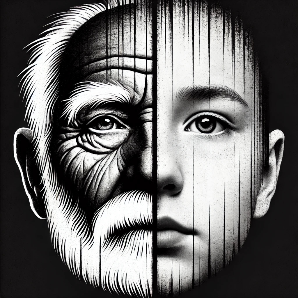 Visage divisé en deux parties, illustrant la transmission des blessures et des mémoires familiales entre les générations en psychogénéalogie