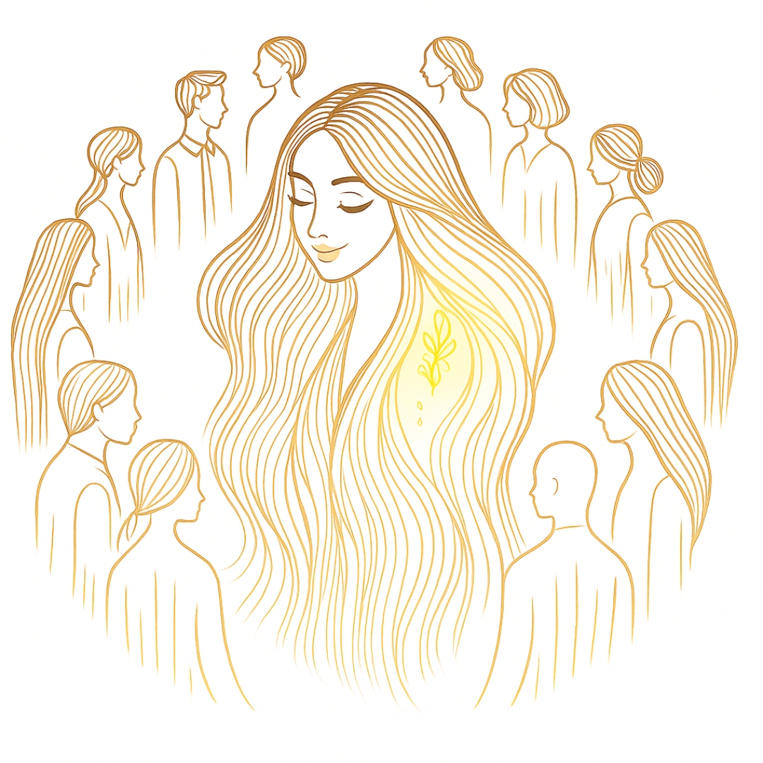 Illustration d'une femme entourée de silhouettes effacées, représentant le profil transgénérationnel de l’Invisible du Clan, dans une ambiance douce dorée