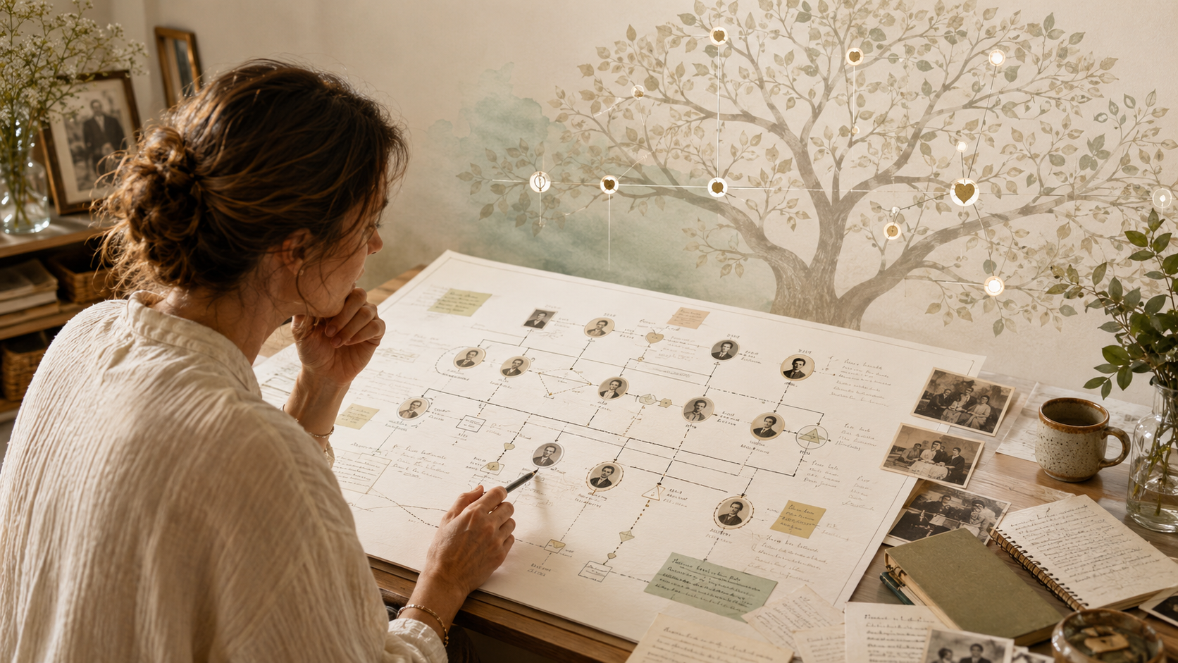 Femme observant un génosociogramme avec des photos de famille et un arbre symbolique pour illustrer la lecture transgénérationnelle de l’arbre familial