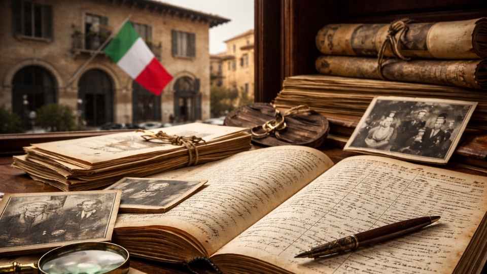Archives familiales en Italie avec registre ancien et drapeau italien en arrière-plan.