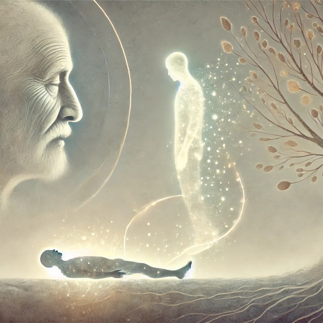 Illustration symbolique représentant un gisant horizontal et un gisant vertical, reliés par un fil lumineux, avec un arbre généalogique en arrière-plan.