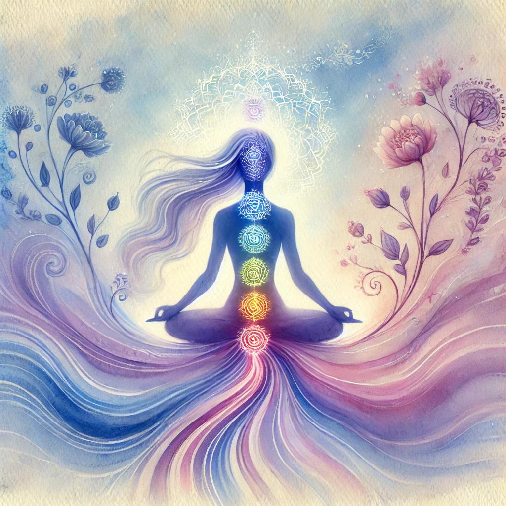 Femme symbolisant la kundalini avec l'énergie de vie et les sept Chakras