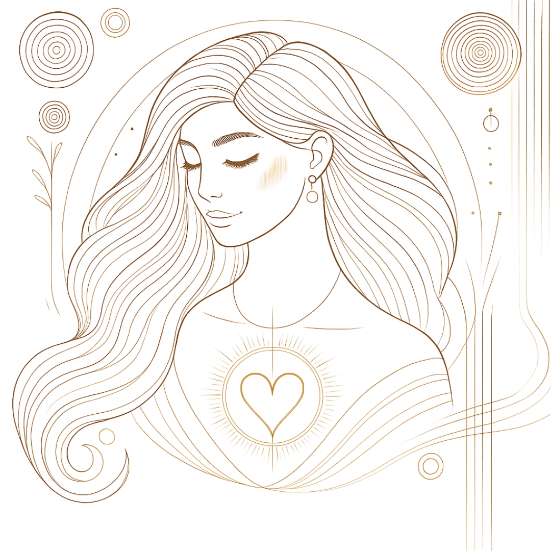 Illustration d’une femme au cœur rayonnant, yeux fermés, représentant le profil transgénérationnel de la Dévouée du Clan et le don de soi dans la lignée