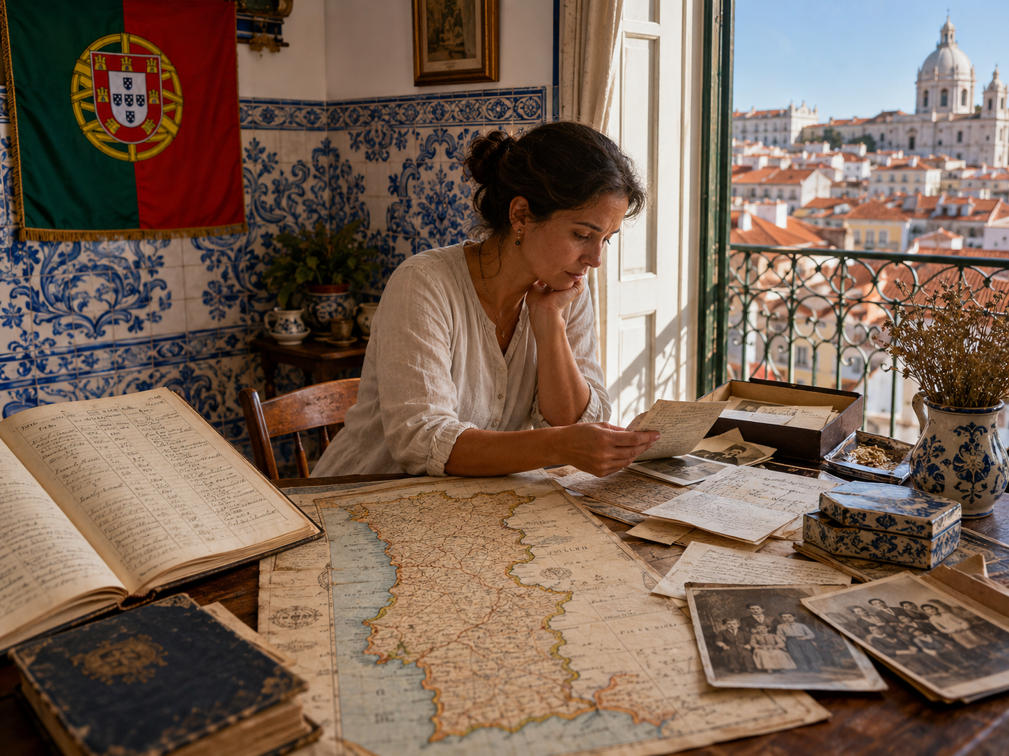 Femme consultant des archives familiales portugaises avec une carte du Portugal pour retrouver ses ancêtres et explorer sa lignée en transgénérationnel