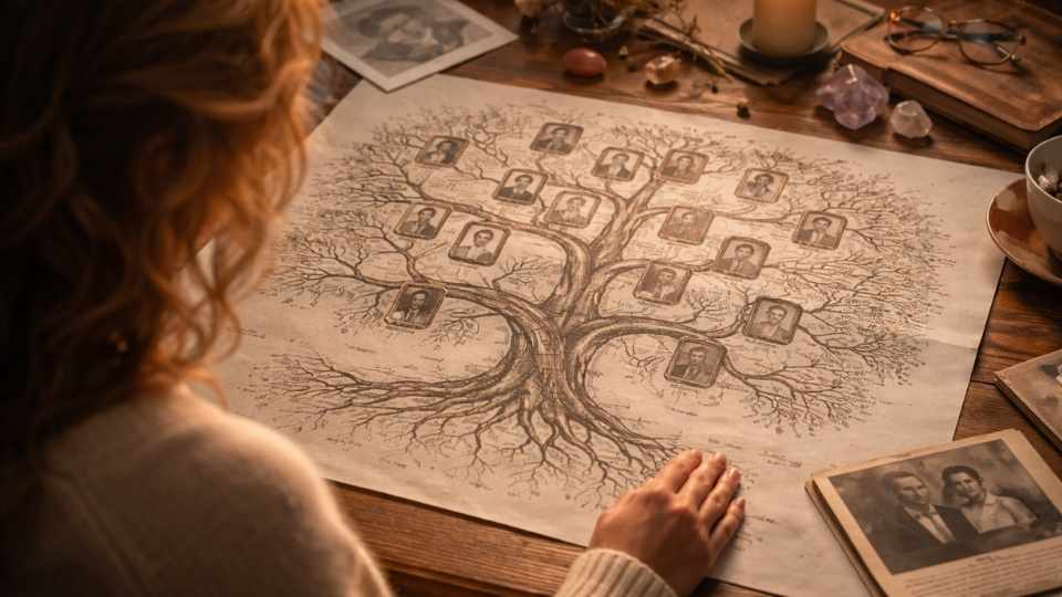 Femme en pleine lecture symbolique d’un arbre transgénérationnel manuscrit, éclairé par une lumière douce et entouré d’objets de mémoire