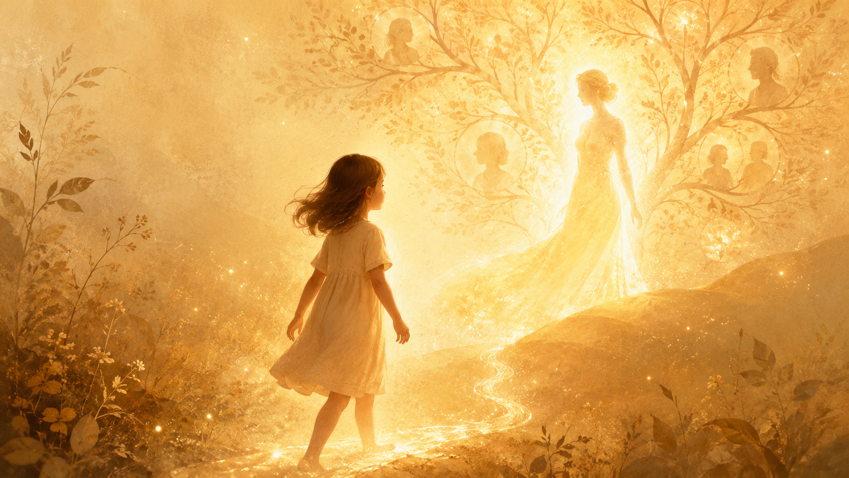 Enfant avançant vers une silhouette lumineuse et un arbre familial symbolisant la mémoire transgénérationnelle de l’enfant de remplacement