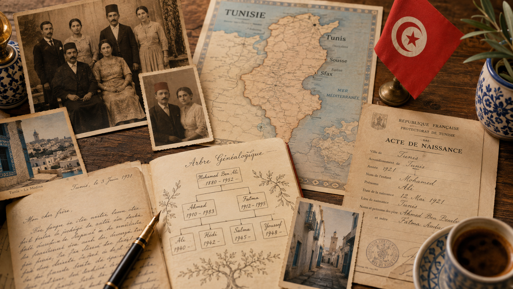Archives familiales, carte de la Tunisie, drapeau tunisien et photos anciennes pour retrouver ses ancêtres tunisiens en recherche transgénérationnelle