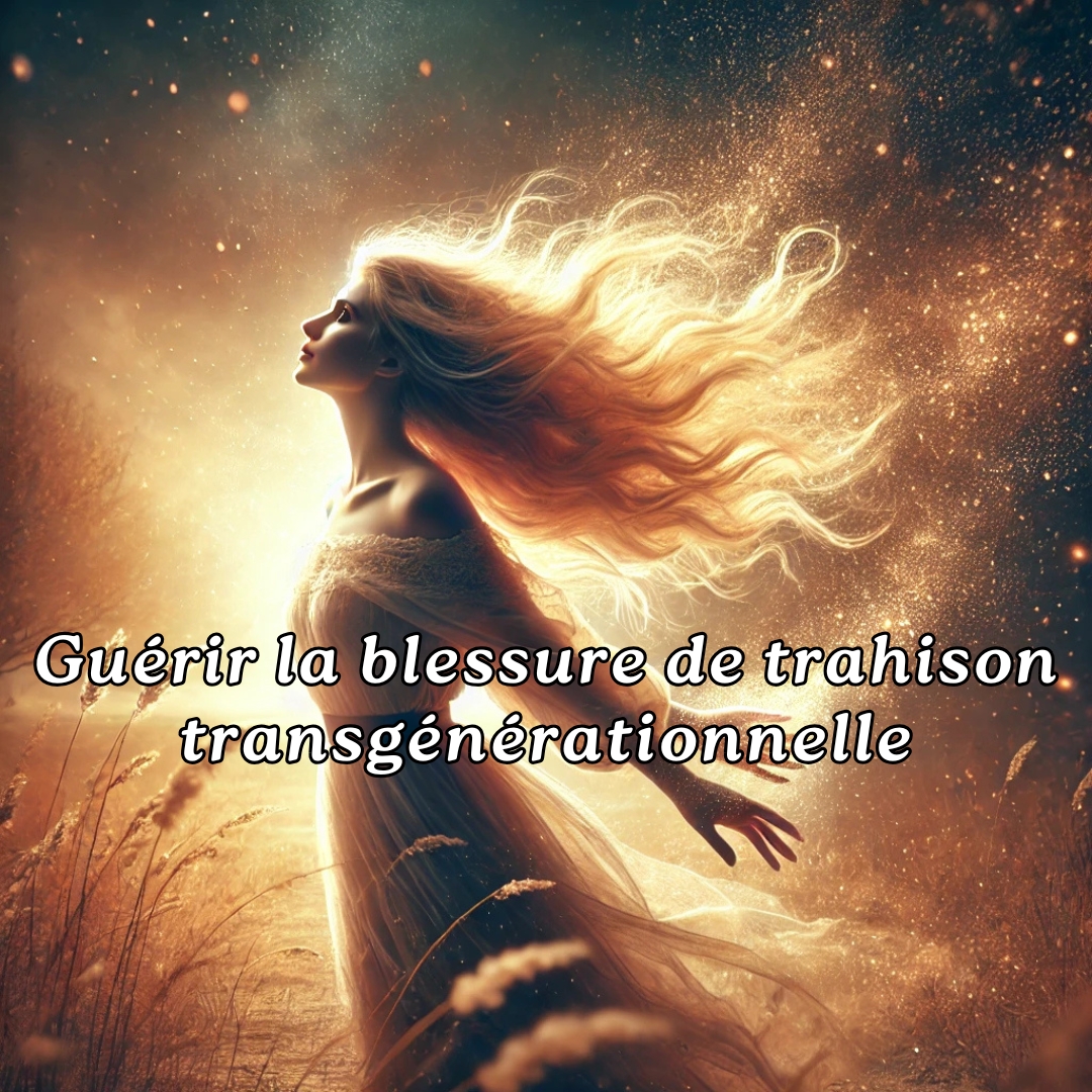 Femme debout dans un champ baigné de lumière dorée, laissant s’échapper des particules lumineuses de ses mains, symbolisant la libération émotionnelle et la guérison intérieure