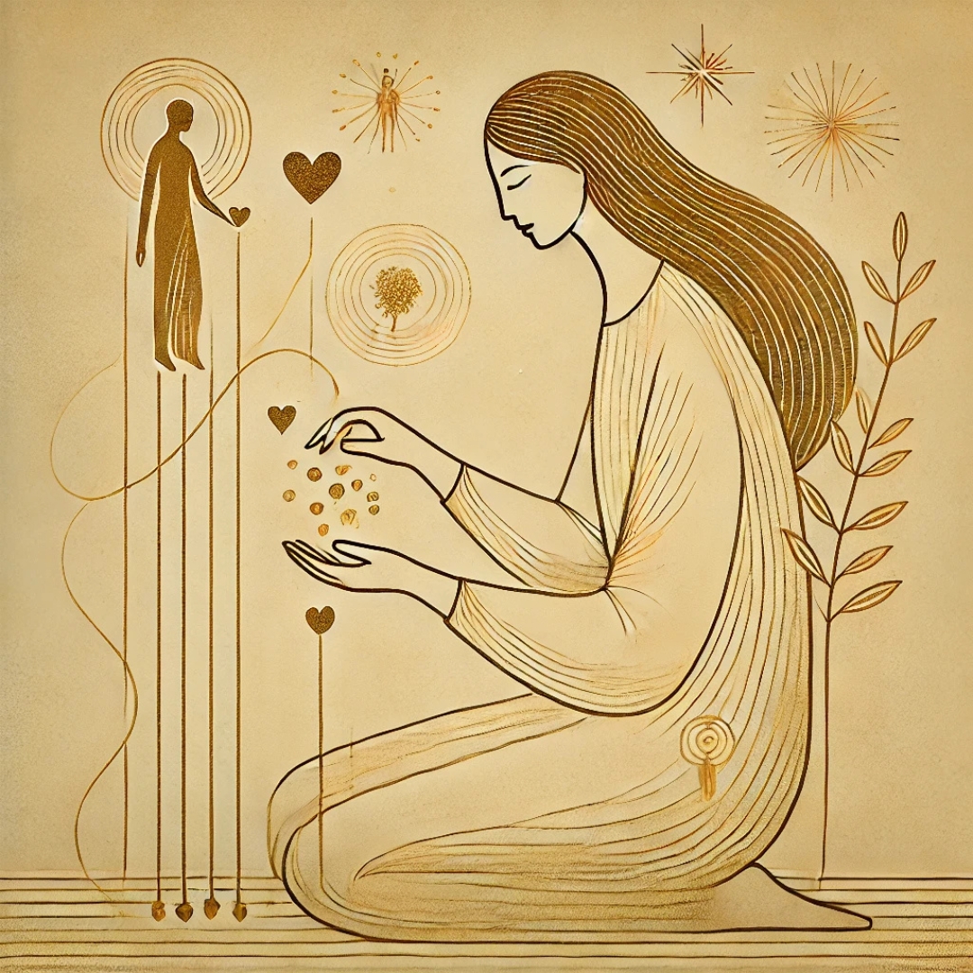 Illustration dorée d’une femme tenant plusieurs fils lumineux liés à des symboles d’amour, représentant la charge émotionnelle du profil de la Dévouée du Clan