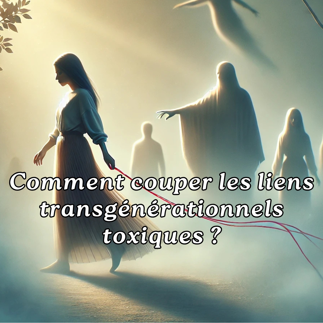 Femme marchant sur un chemin brumeux, attachée par un fil rouge à une silhouette d'ancêtre, représentant un lien transgénérationnel toxique