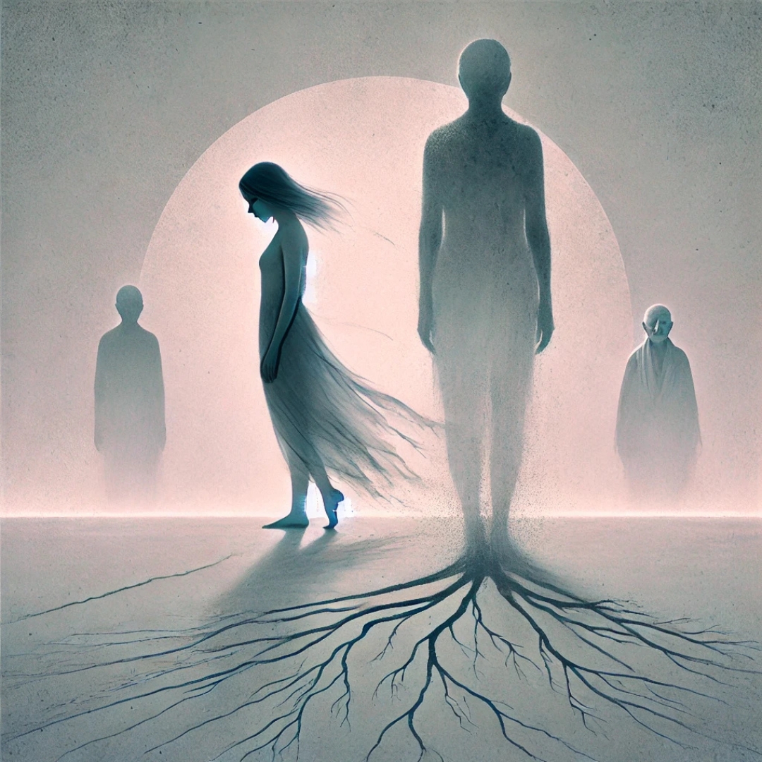 Illustration symbolique d’une femme seule représentant la blessure d’abandon transgénérationnelle, entre mémoire familiale et guérison intérieure.