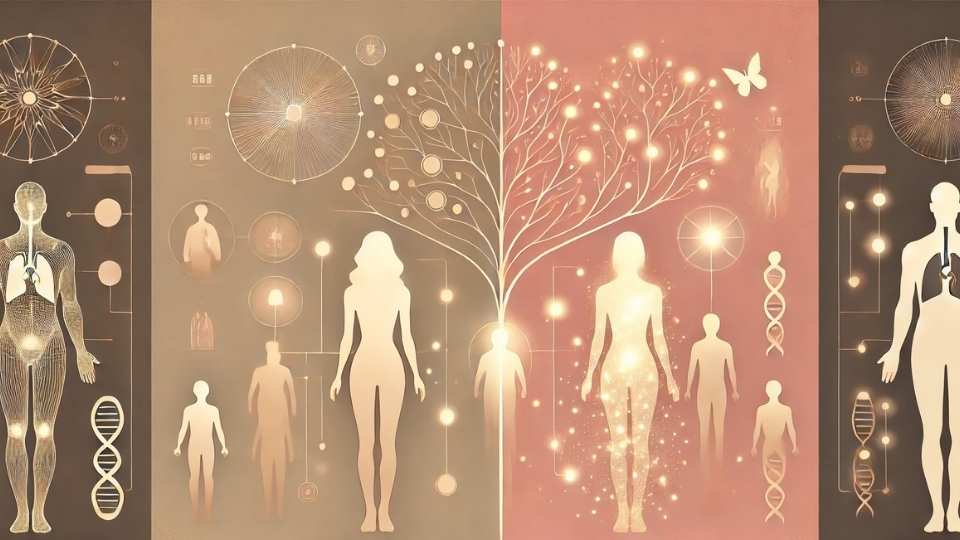 illustration symbolique représentant la psychogénéalogie et le transgénérationnel, avec un arbre familial stylisé et des silhouettes reliées par des transmissions lumineuses