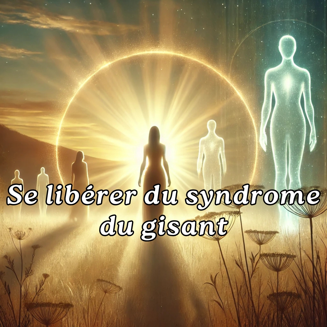 Femme se libérant du syndrome du gisant, marchant vers la lumière dans un paysage symbolique et apaisant