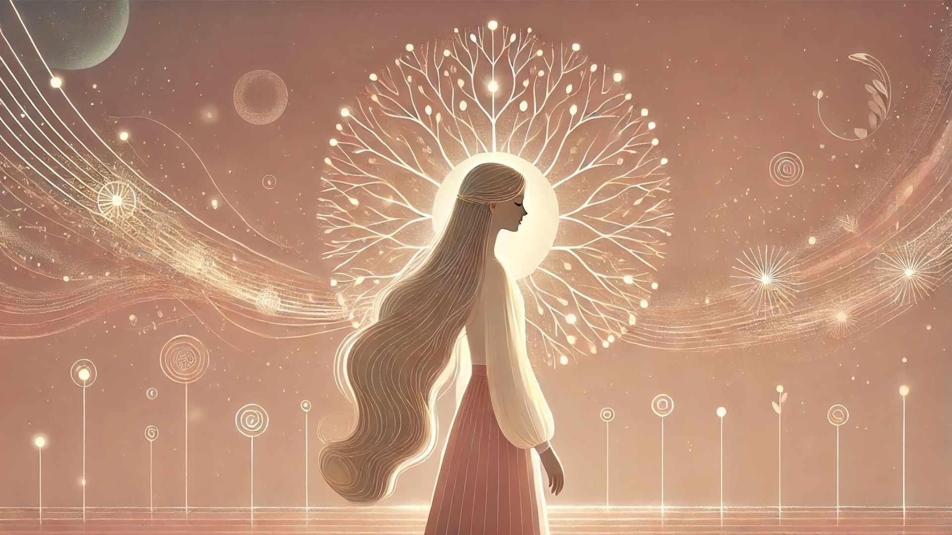 illustration d’une femme sereine devant un arbre lumineux symbolisant l’arbre familial et le travail de psychogénéalogie