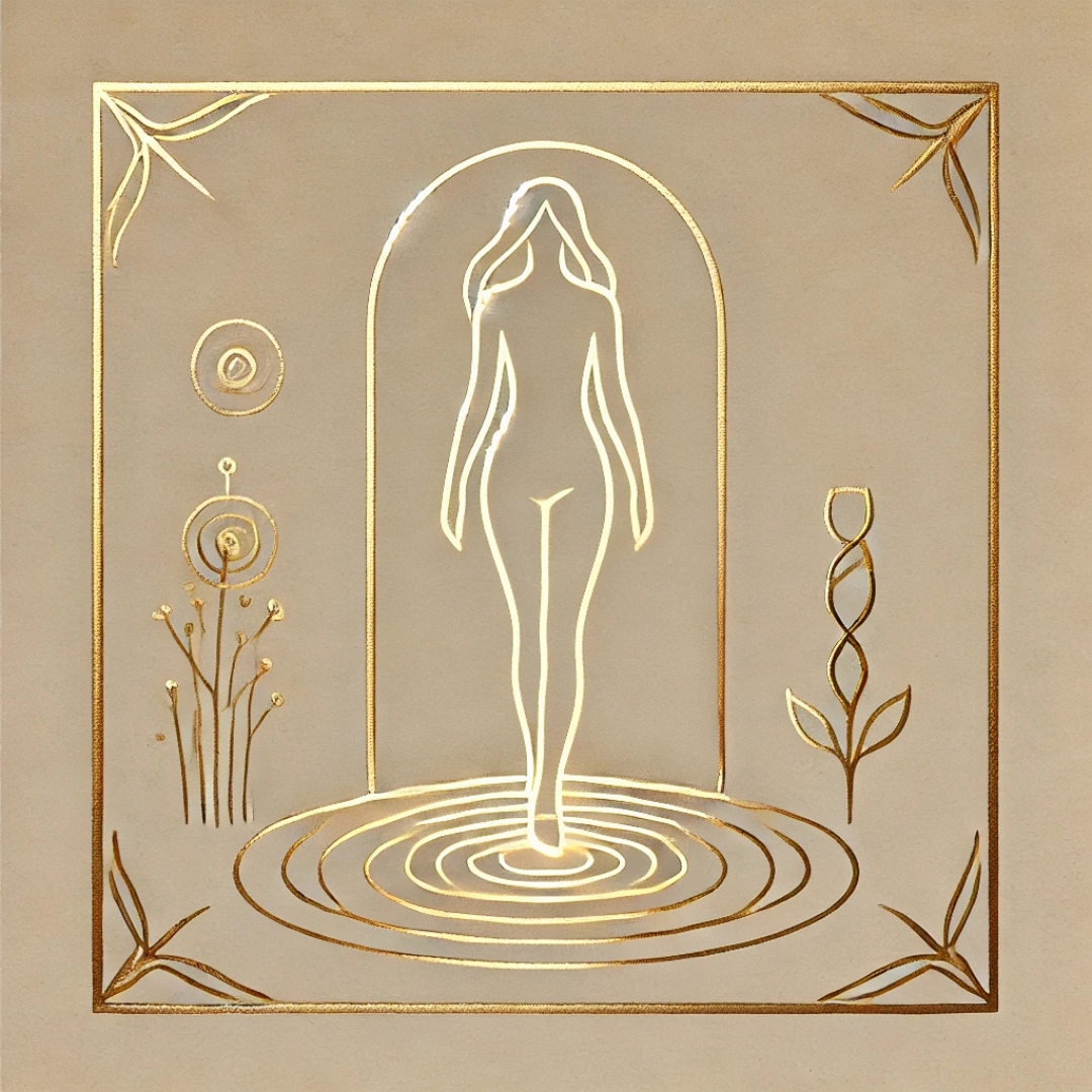 Illustration dorée d’une femme retrouvant sa forme dans une empreinte lumineuse, incarnant la reprise de sa place dans le système familial sans culpabilité