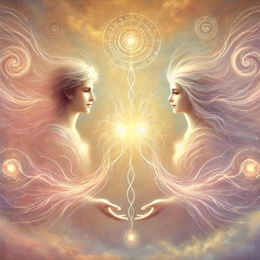 Illustration symbolique de deux flammes jumelles connectées par un lien d’âme et d’énergie karmique, dans une lumière douce et spirituelle.