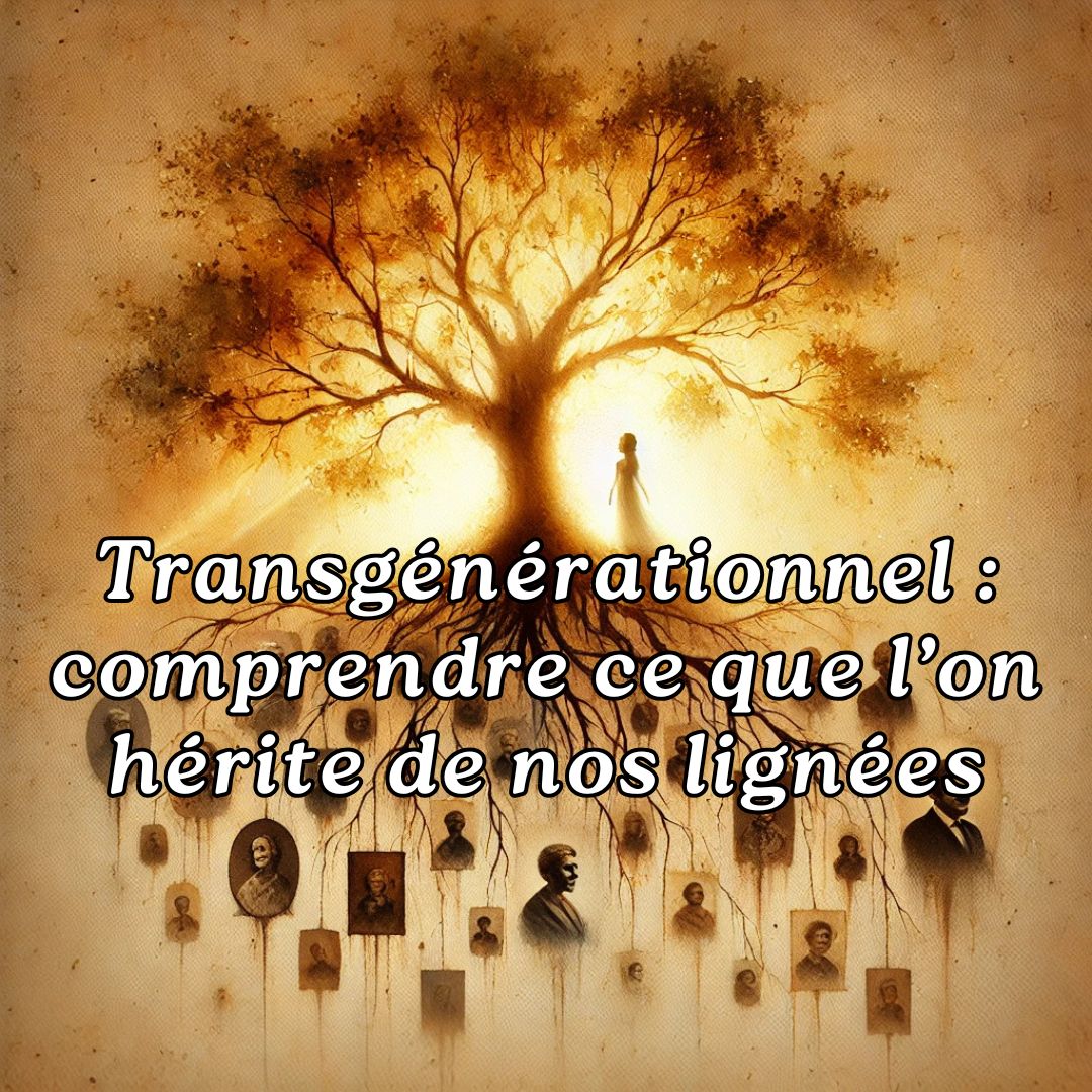 Arbre transgénérationnel illuminé symbolisant l’héritage invisible des lignées familiales, avec portraits d’ancêtres et femme contemporaine en silhouette