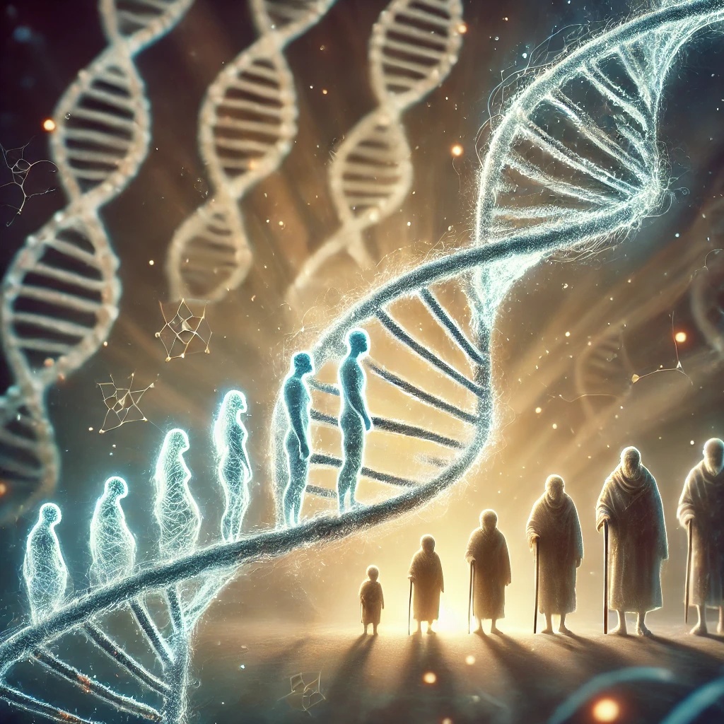 Illustration symbolique de l’épigénétique montrant un ADN entrelacé avec des figures ancestrales lumineuses, représentant la transmission des mémoires émotionnelles