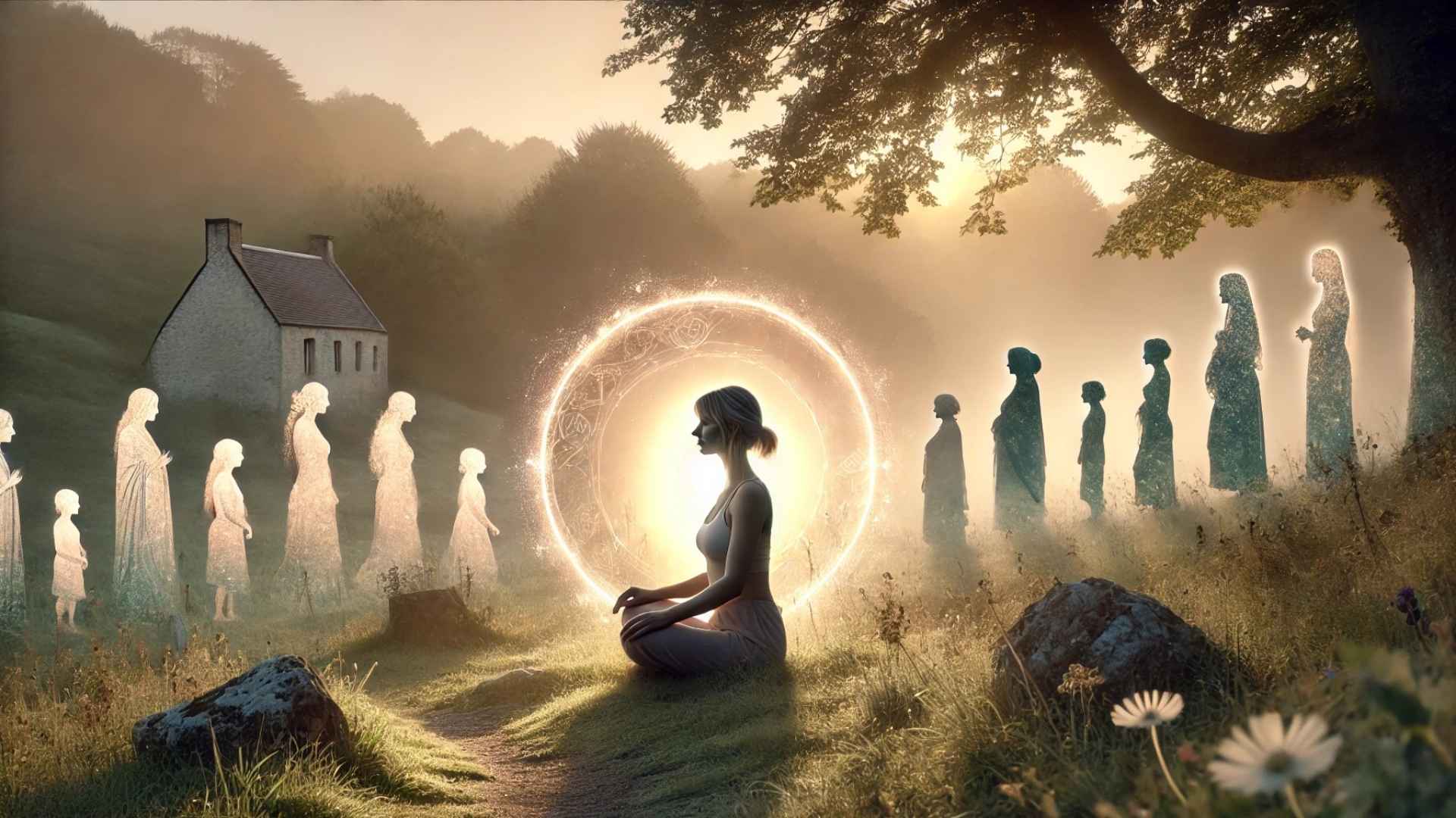 Femme méditant en pleine nature entourée de silhouettes féminines symbolisant les lignées familiales, dans une ambiance lumineuse et introspective