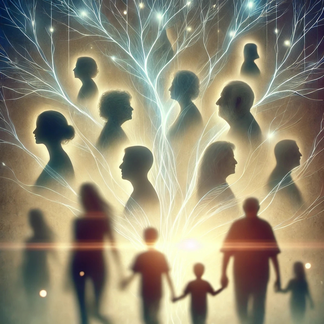 Illustration symbolique de silhouettes familiales floues reliées par des fils lumineux, représentant la transmission invisible des secrets de famille entre générations