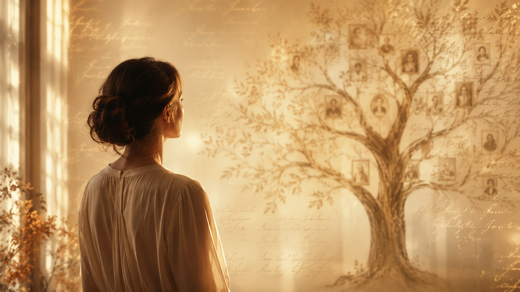 femme face à un arbre familial symbolisant la mémoire transgénérationnelle du prénom